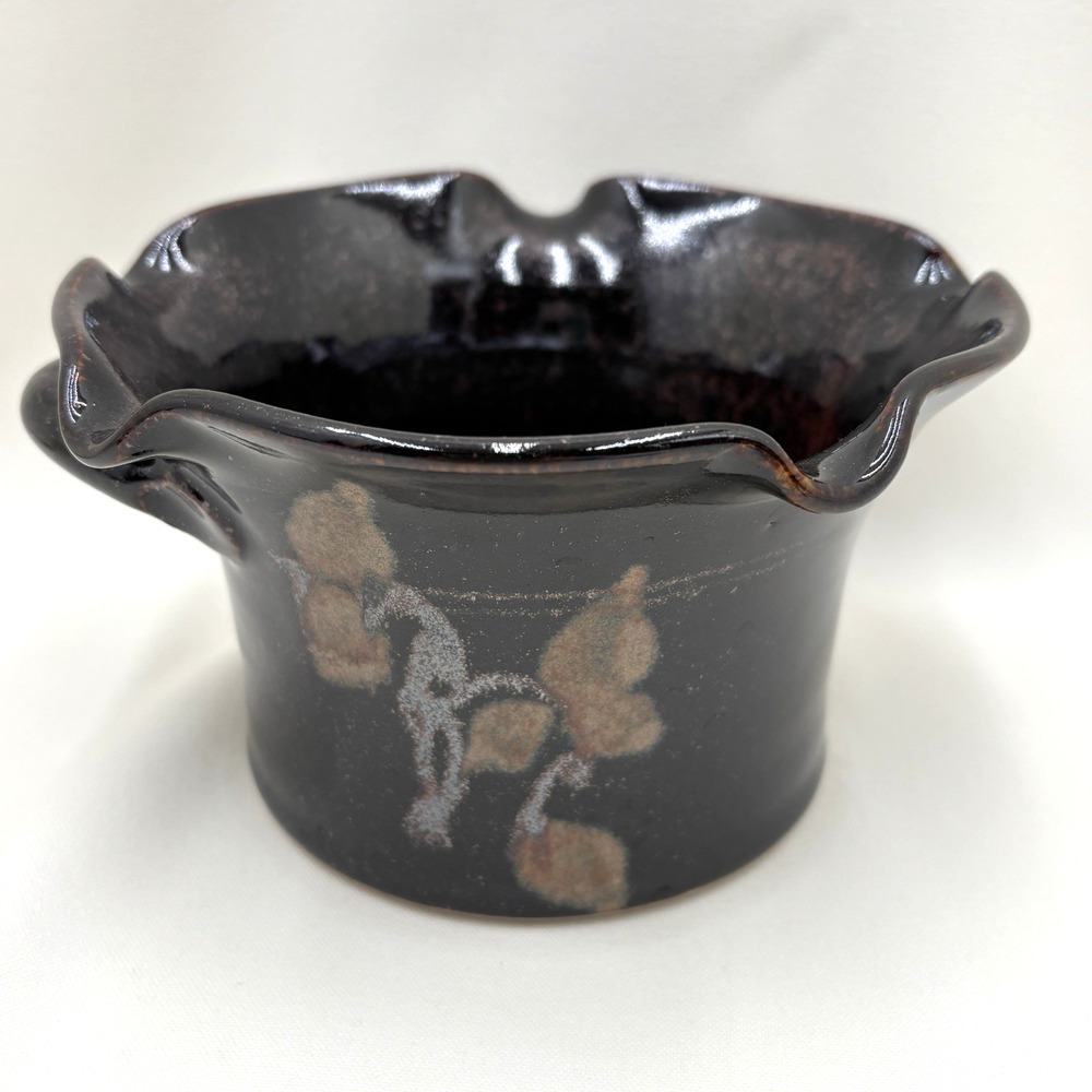 Dick Lehman Clay Art Studio Pottery Bowl Brown Tan Leafy Goshen Indiana